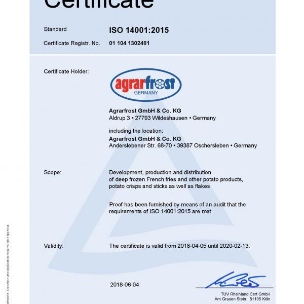 Certificación Agrarfrost ISO 14001